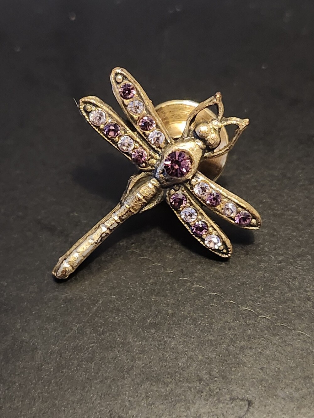 Gold Tone Dragonfly Lapel Pin with Purple Crystal Accents